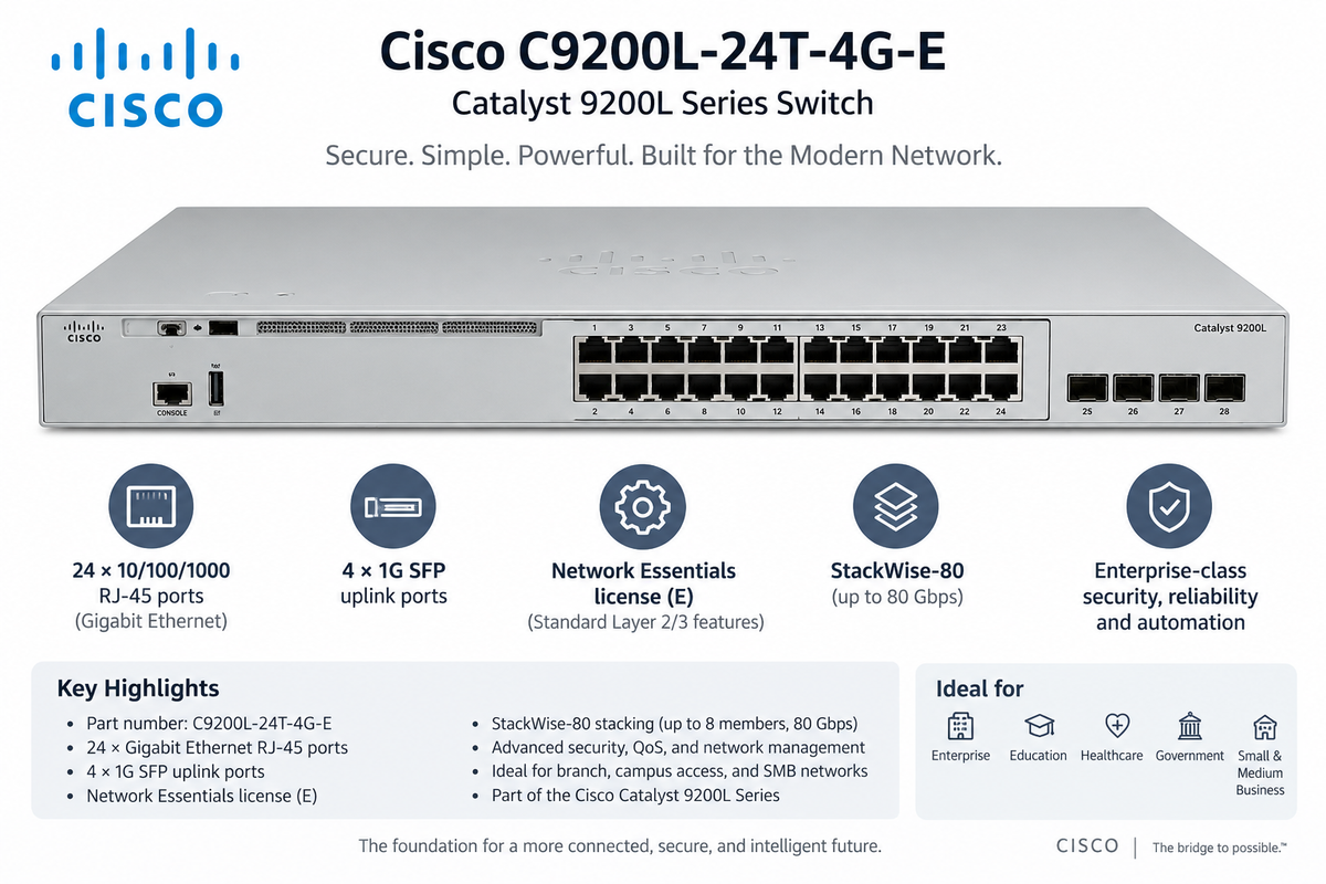 Cisco C9200L-24T-4G-E Catalyst 9200L 24-Port 4x1G SFP Switch NEW